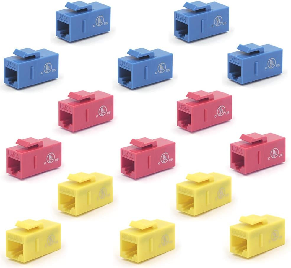 UL Listed CAT6 Keystone Coupler Poe, Blue + Red + Yellow, 5-Pack