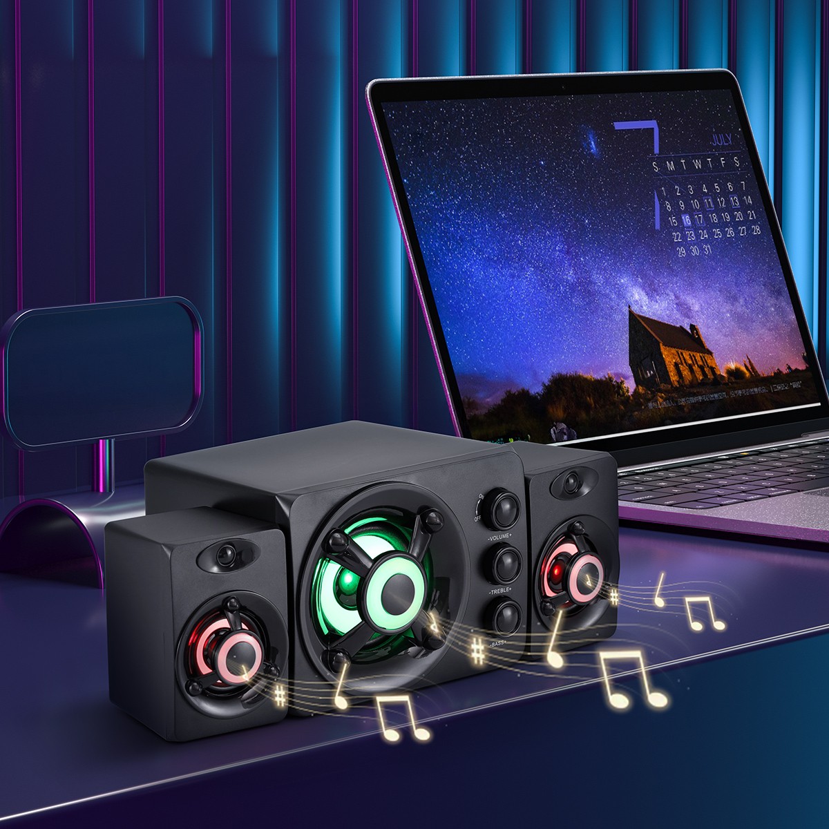 3Channel Separate Wired Computer Speakers RGB LED Stereo Bass For Laptop Desktop