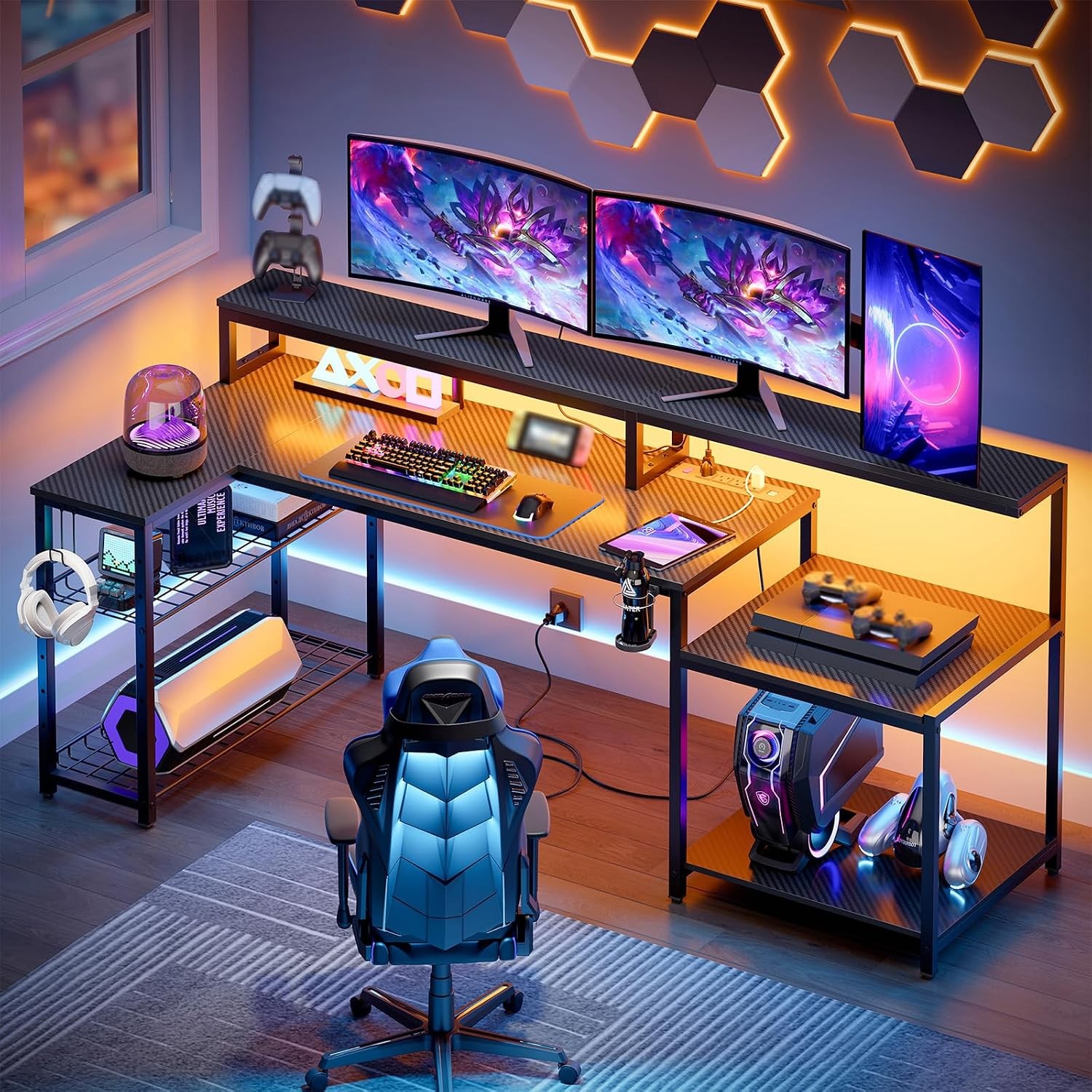 71.5" L-Shaped LED Gaming Desk W/ Power Outlets Black Monitor Stand 20 Static 22