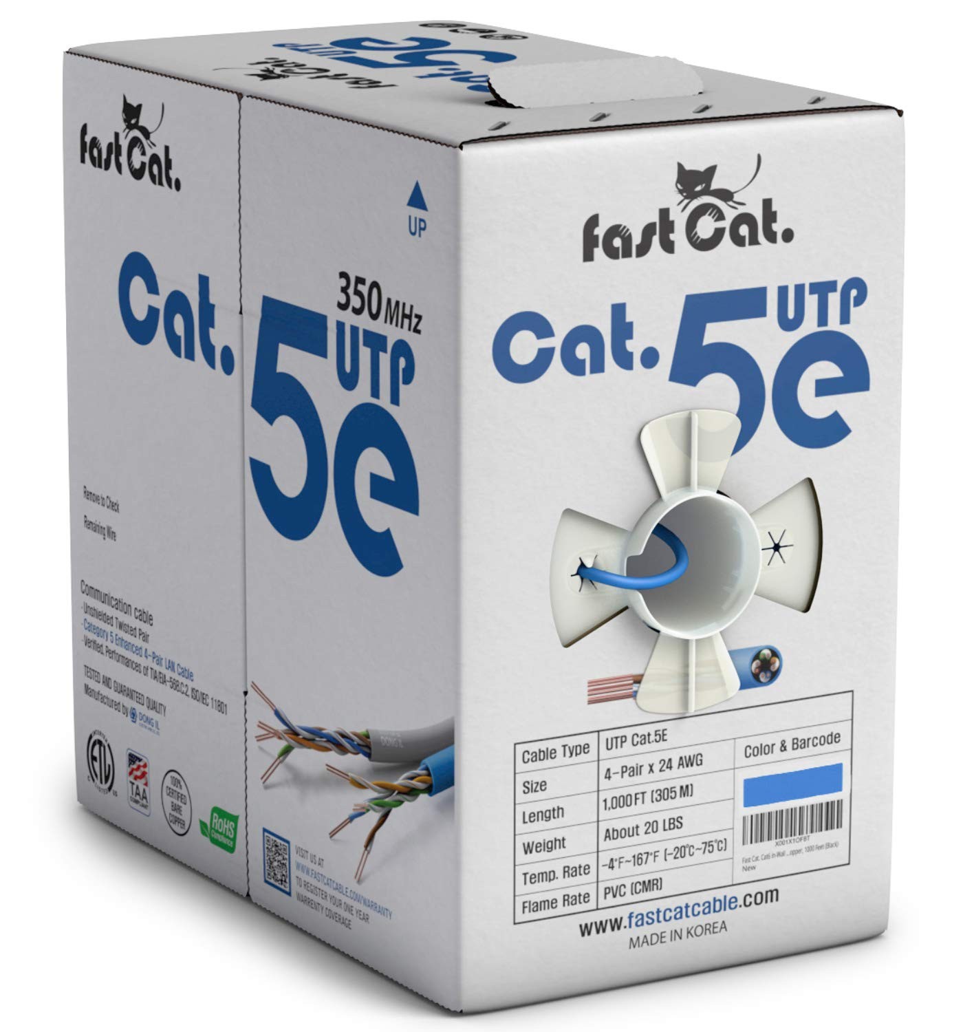 fast Cat. Cat5e Ethernet Cable 1000ft - ETL Listed 24 AWG, CMR, 1000ft, Blue