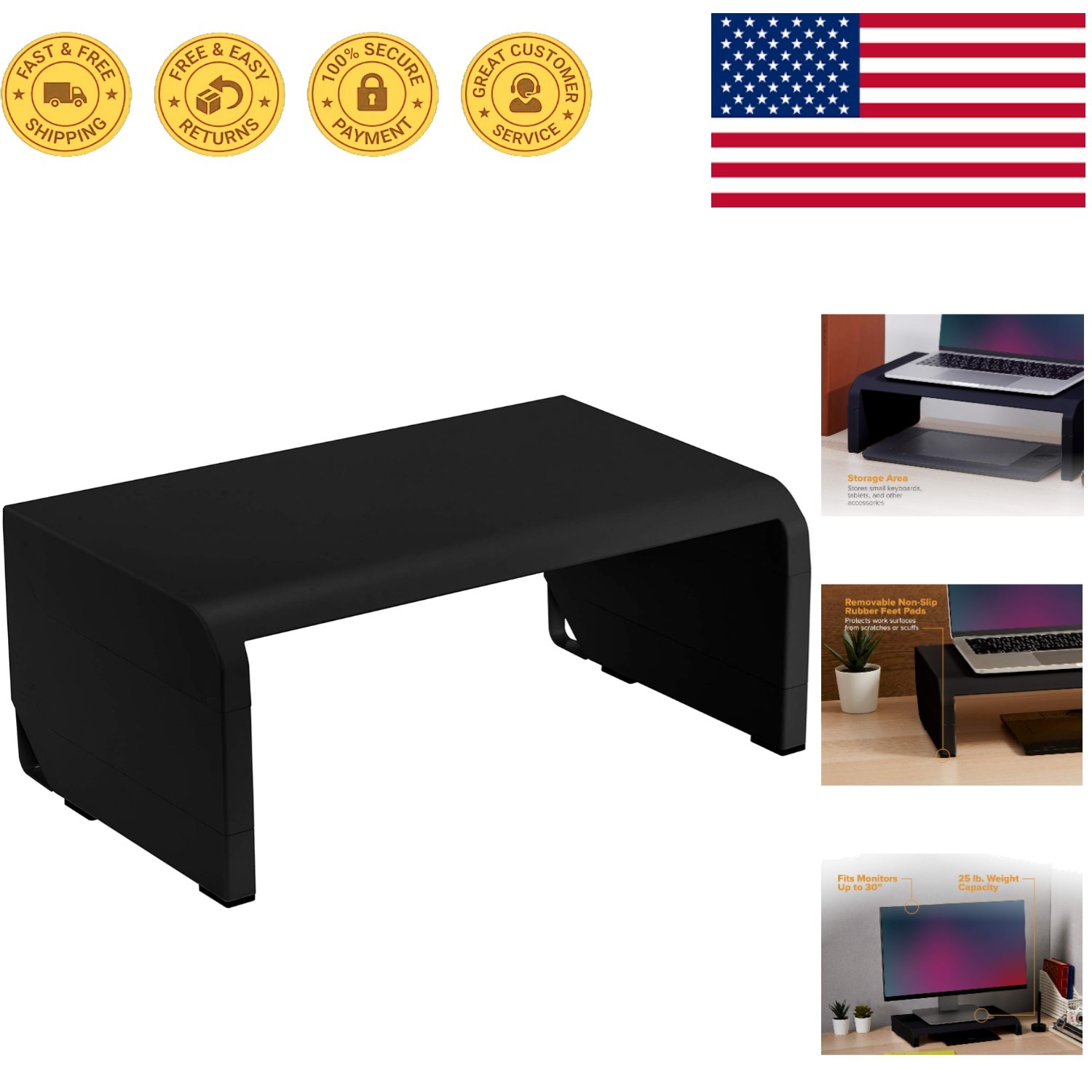Sleek Black Monitor Stand Riser with Built-In Cable Management & Storage Space