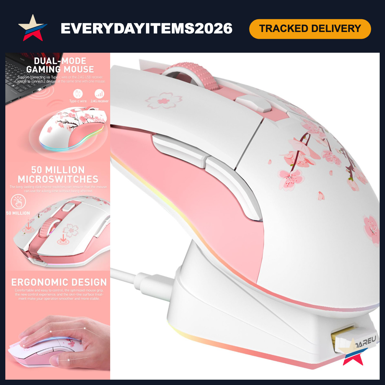 Sakura Pink Wireless Gaming Mouse with Charging Dock, RGB, 12K DPI, 6 Buttons, H