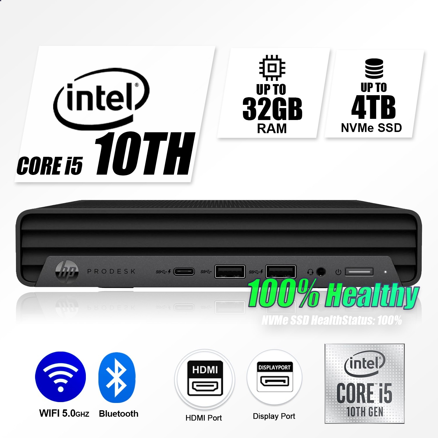 HP Mini Desktop Computer PC i5 10TH, Up to 32GB RAM 1TB SSD, Windows 11,WiFi BT