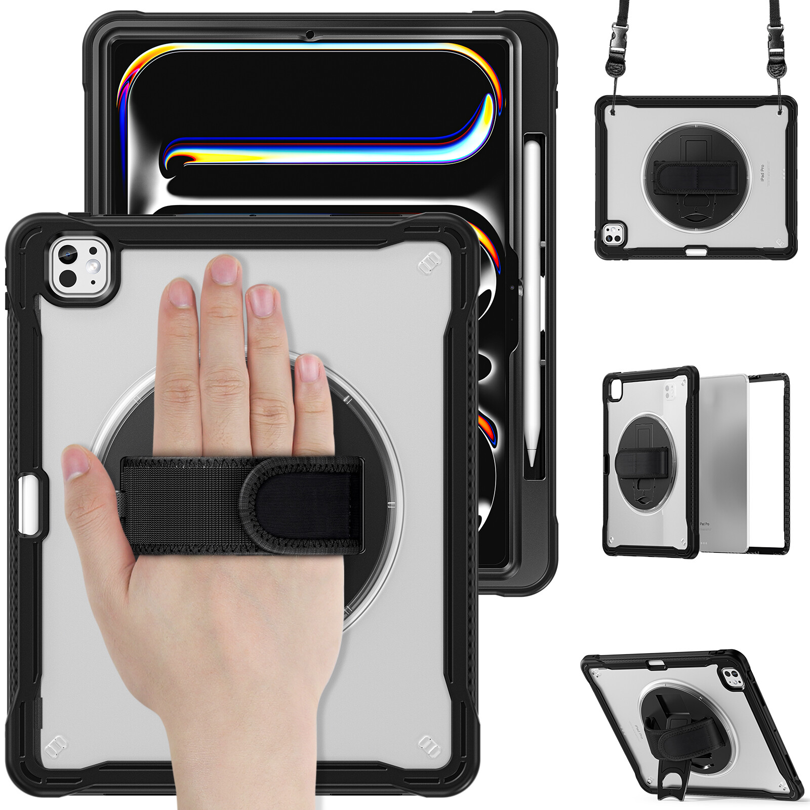 Transparent TPU+PC Shockproof Hand Strap Stand Case Cover for iPad Pro 13" 2024
