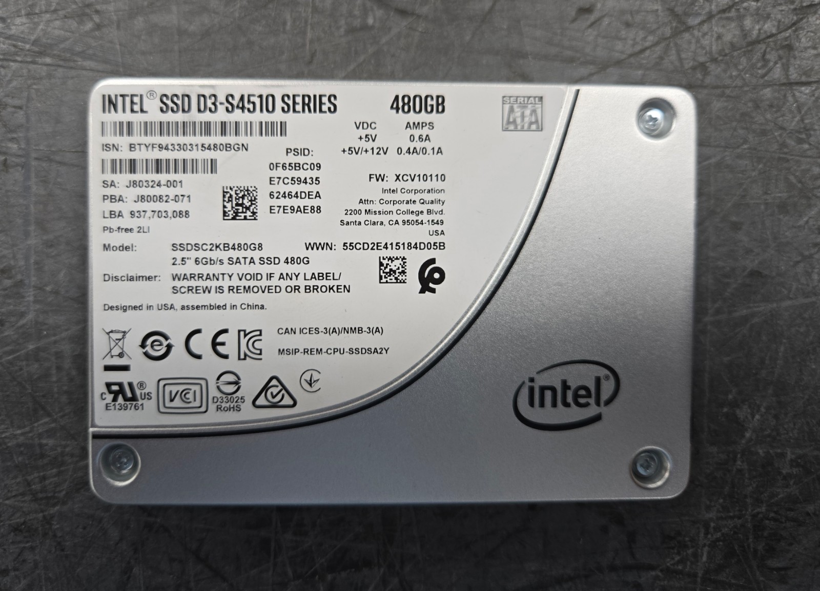 Intel SSDSC2KB480G7 480gb ssd 2.5 6g D3-S4510