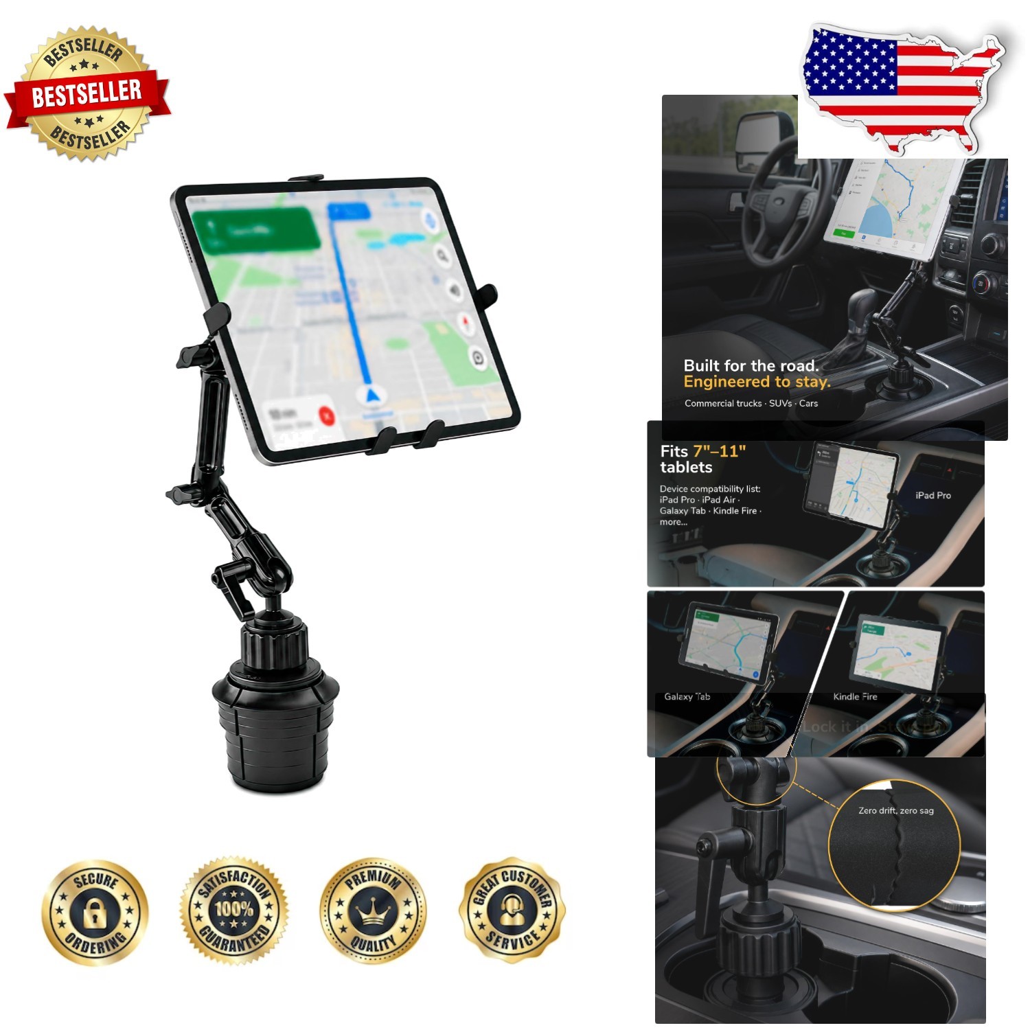 Heavy Duty Aluminum Tablet Car Mount - Fits 7-11" iPads, Secure Cup Holder