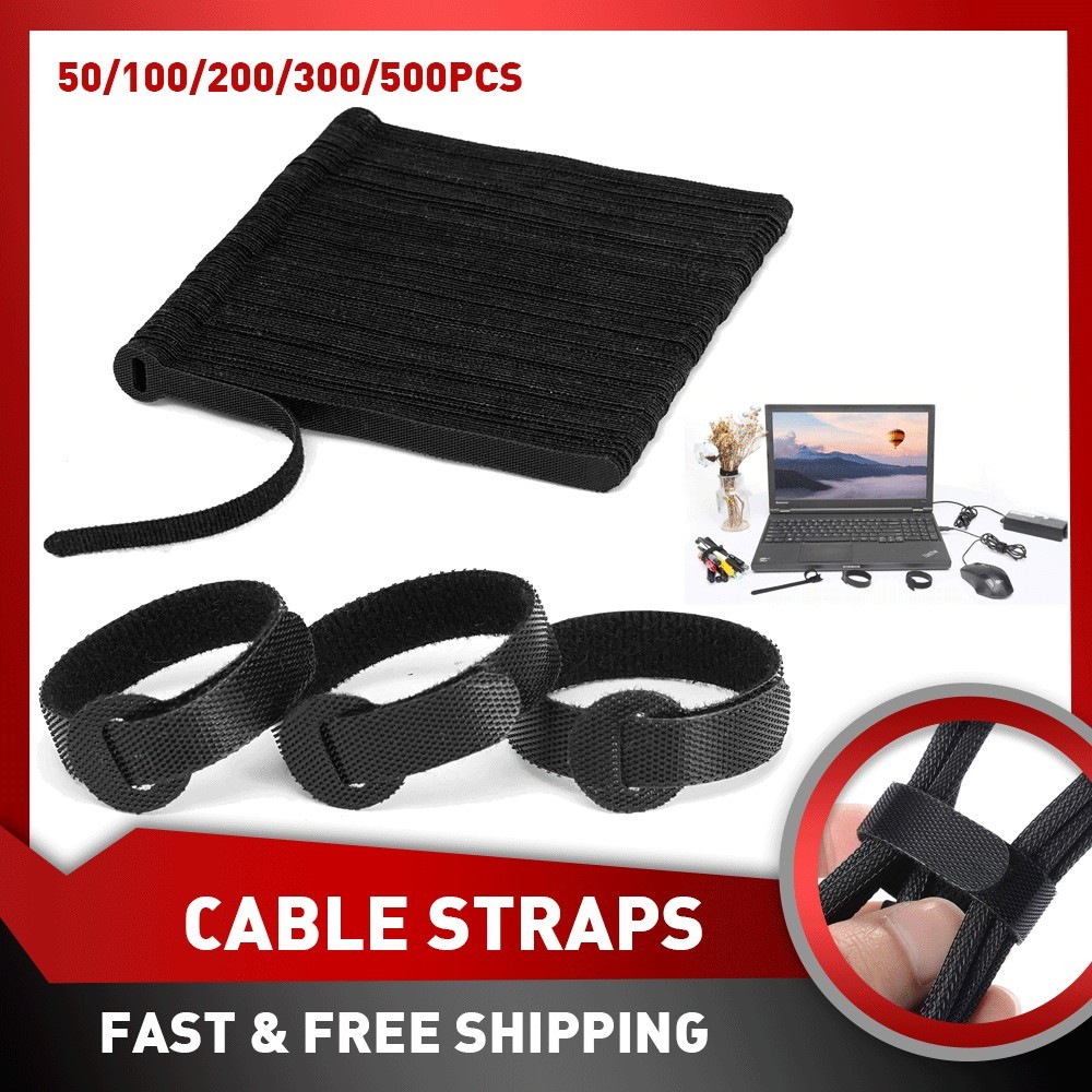 50x Fastening Cable Straps Wire Hook Cord Loop Ties Black Reusable Organizer A