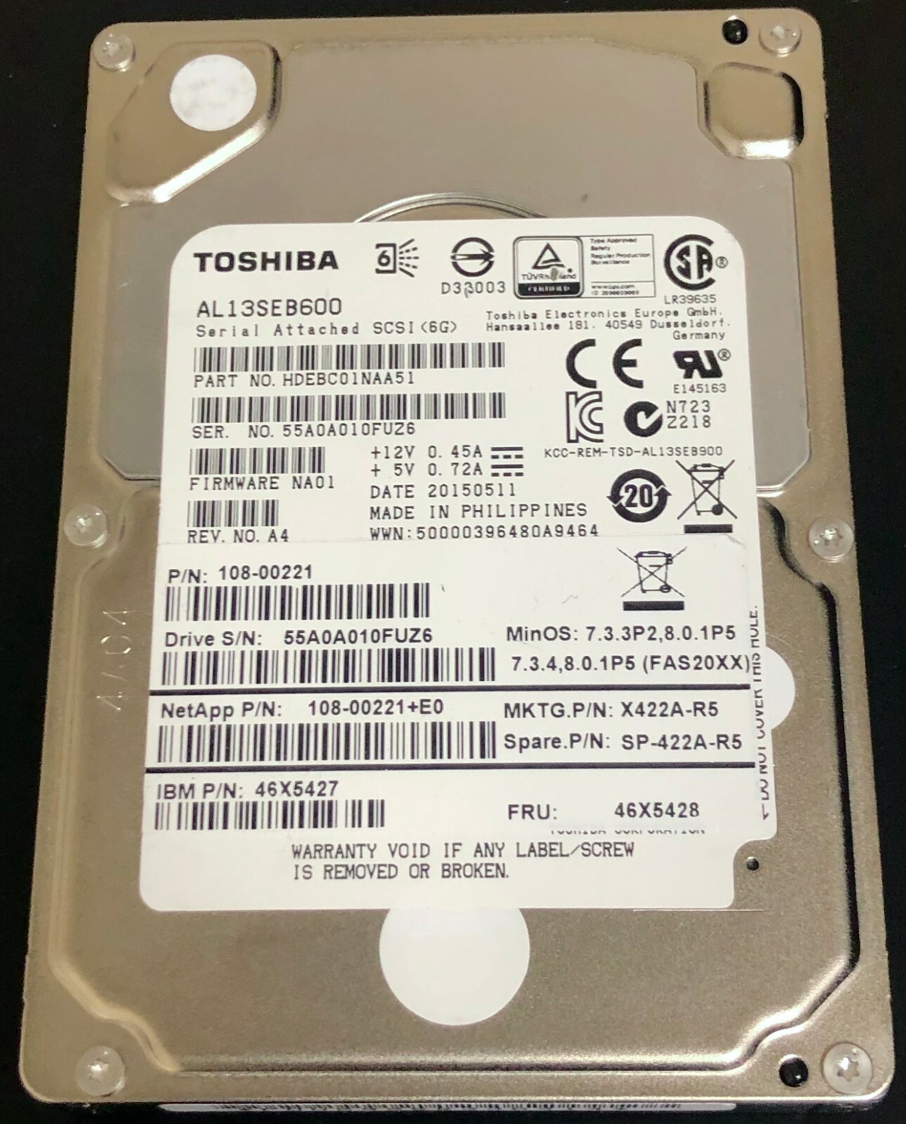 NetApp X422A-R5 600GB AL13SEB600 2.5"SAS 6GB/S 10K Hard Drive