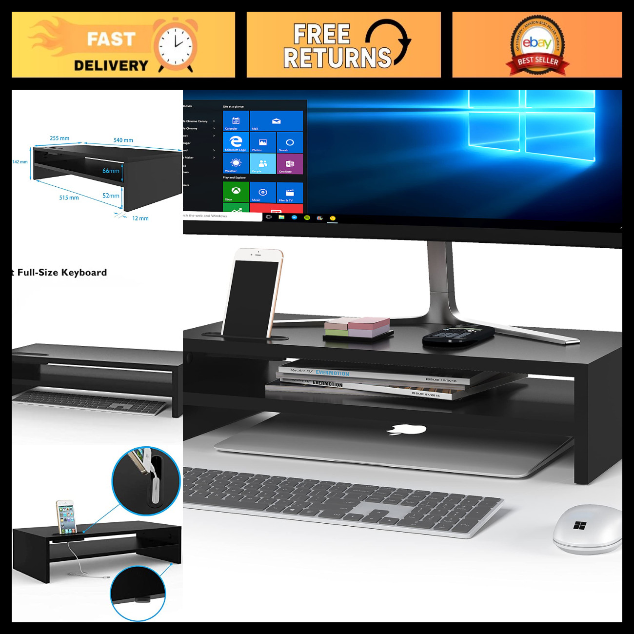 Wood Monitor Stand Riser, 2-Tier Desktop Organizer, Adjustable Height, Space-Sav