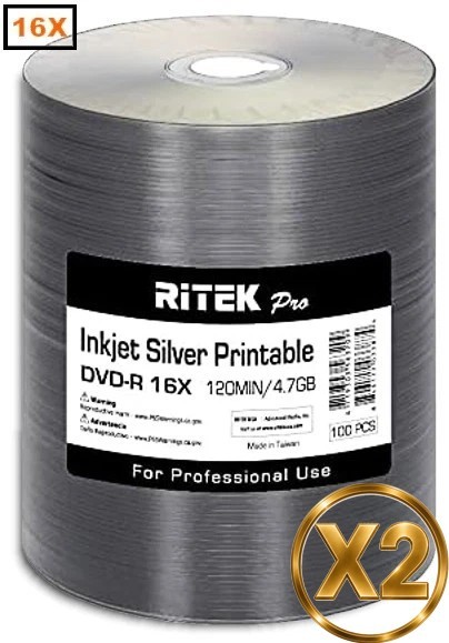 200-Pak Ritek Pro 16X 4.7GB Silver Inkjet Hub Printable DVD-R's in Tapewrap
