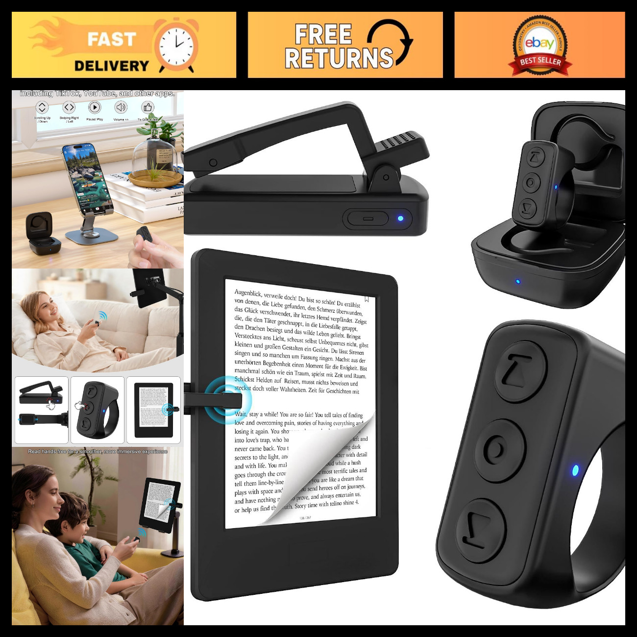 Multi-Function Bluetooth Page Turner Ring for E-Readers, TikTok & Camera Use - B