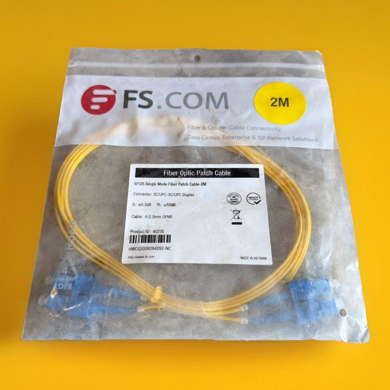 🔥 5 Units ~ FS.com 9/125 Single Mode Fiber Patch Cable SC/UPC Duplex 2M 🔥