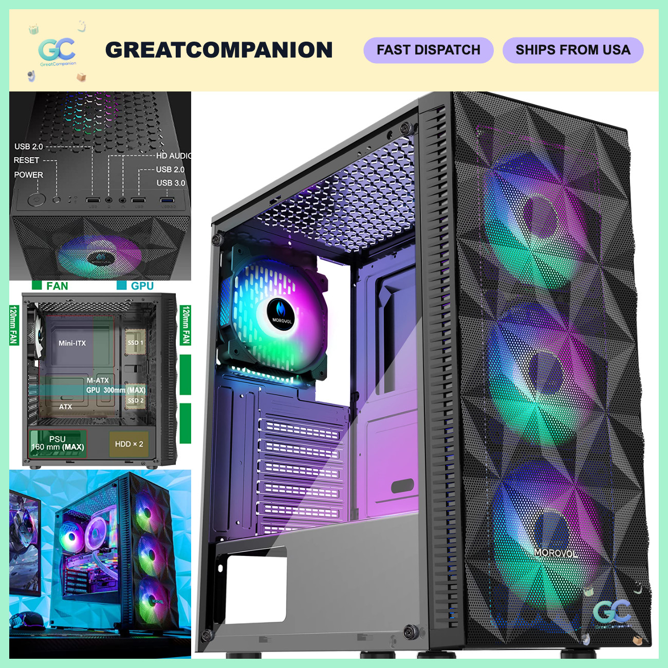 ATX Gaming PC Case with 4 RGB Fans, Diamond Mesh Front, Tempered Glass, USB 3.0