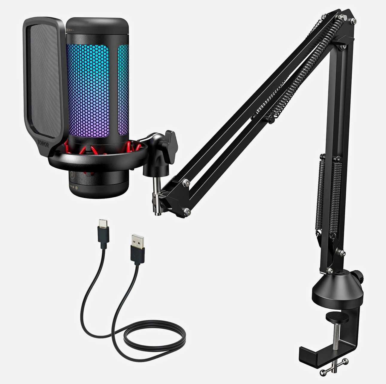 TONOR RGB USB/USB-C Mic Kit Black, Boom Arm Clamp, Mute/Vol, PC PS4 PS5