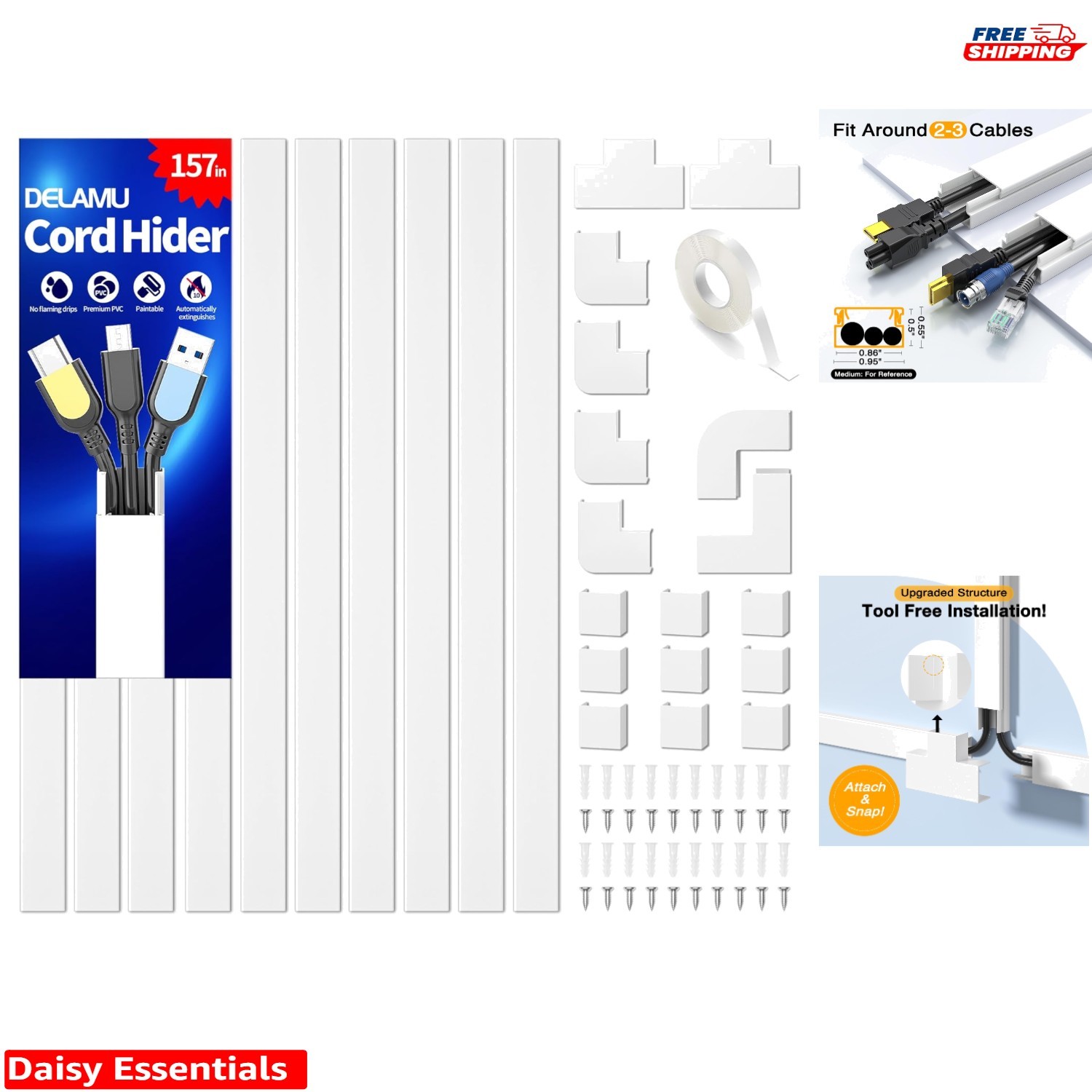 Flame Retardant 157in Cable Hider - Paintable Cord Covers for Tidy Spaces