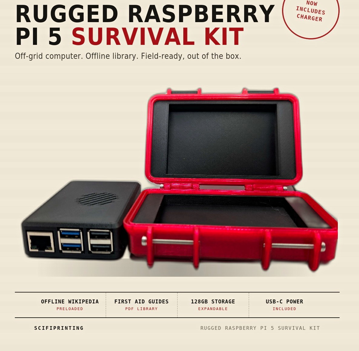 Raspberry Pi 5 Rugged Survival Kit 128gb Storage, Wikipedia And Survival Guides