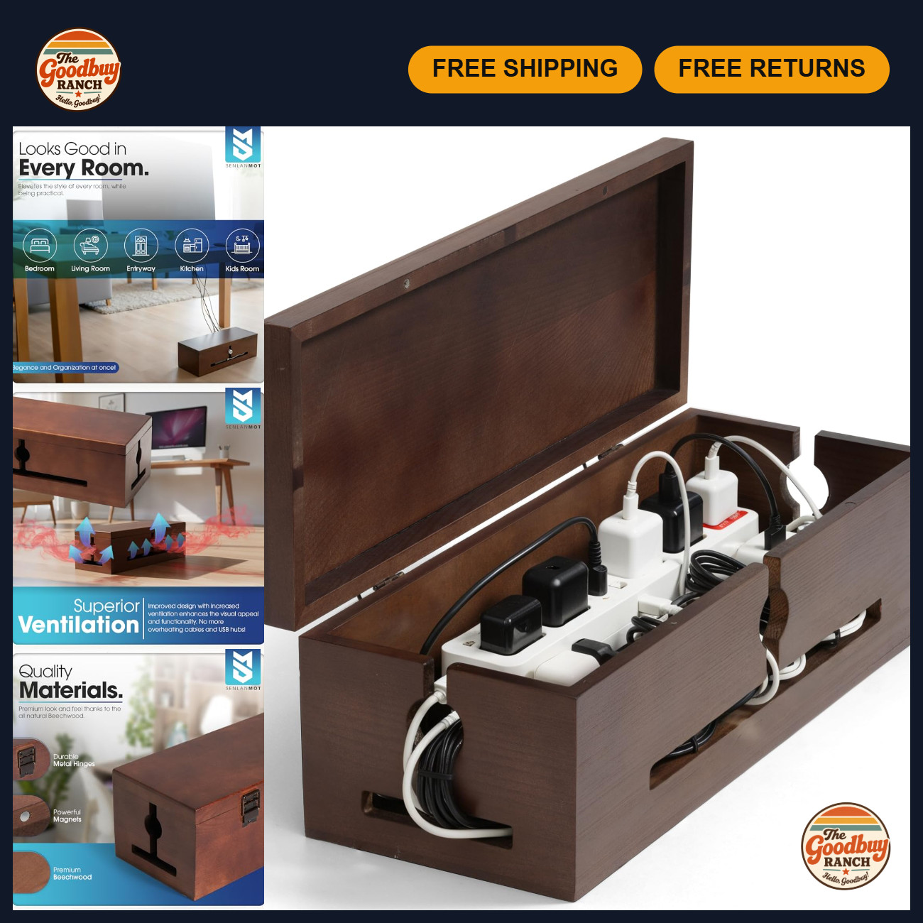 Wooden Cable Management Box - Modern Wire Organizer & Power Strip Cover for Home