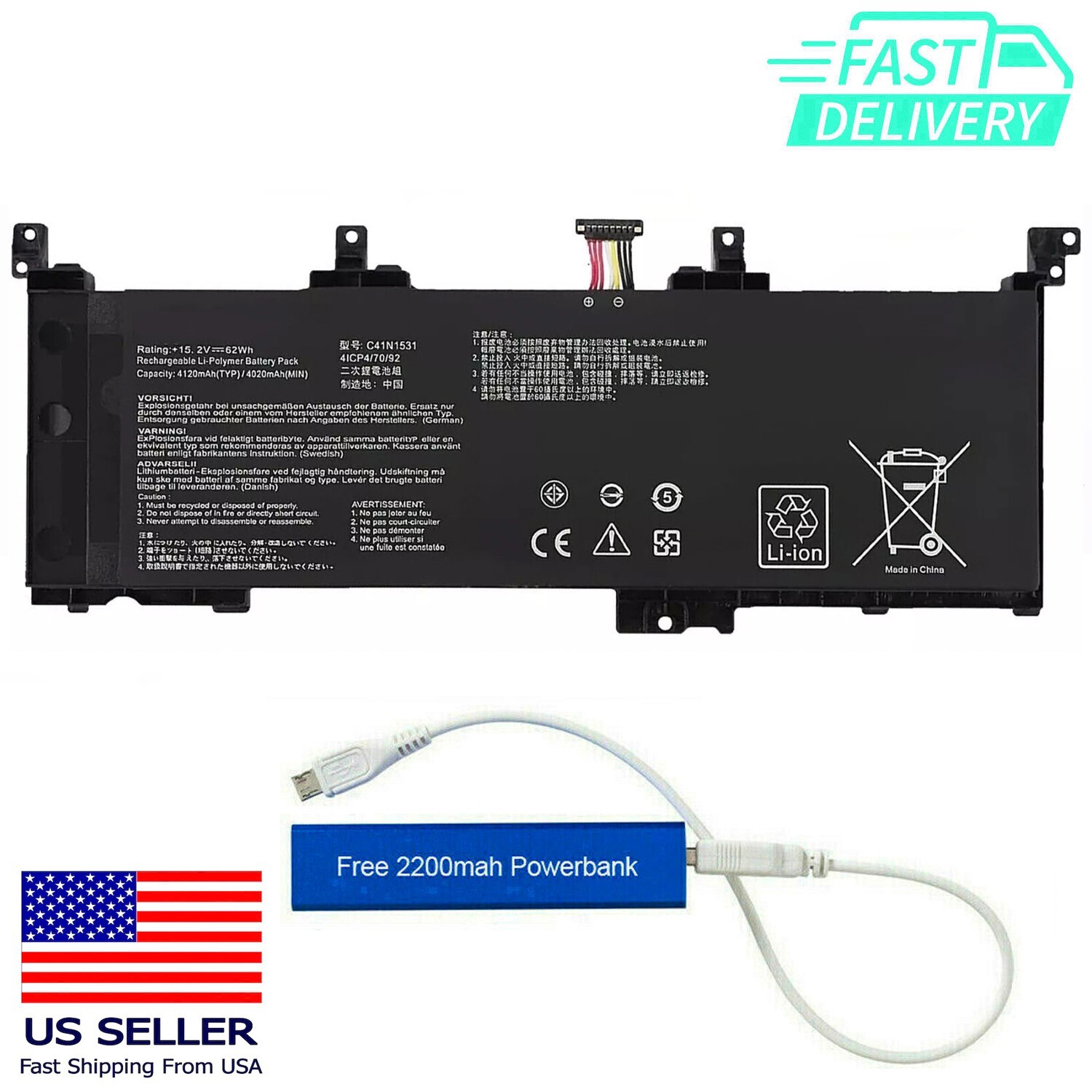 C41N1531 BATTERY FOR ASUS ROG STRIX GL502VS GL502VY 15.2V 62WH 0B200-01940100