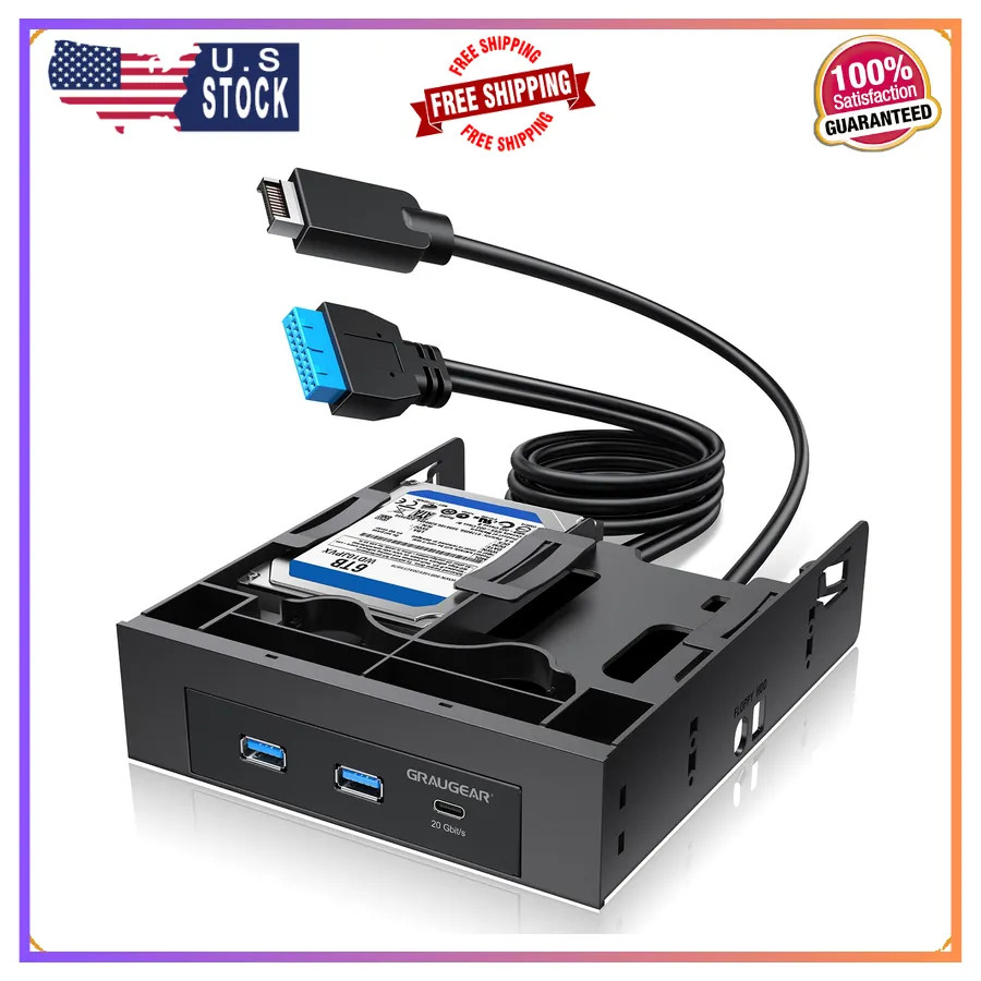GRAUGEAR 5.25 Internal USB Hub Front Panel USB-C 20Gbps 2x USB-A Dual HDD Bays