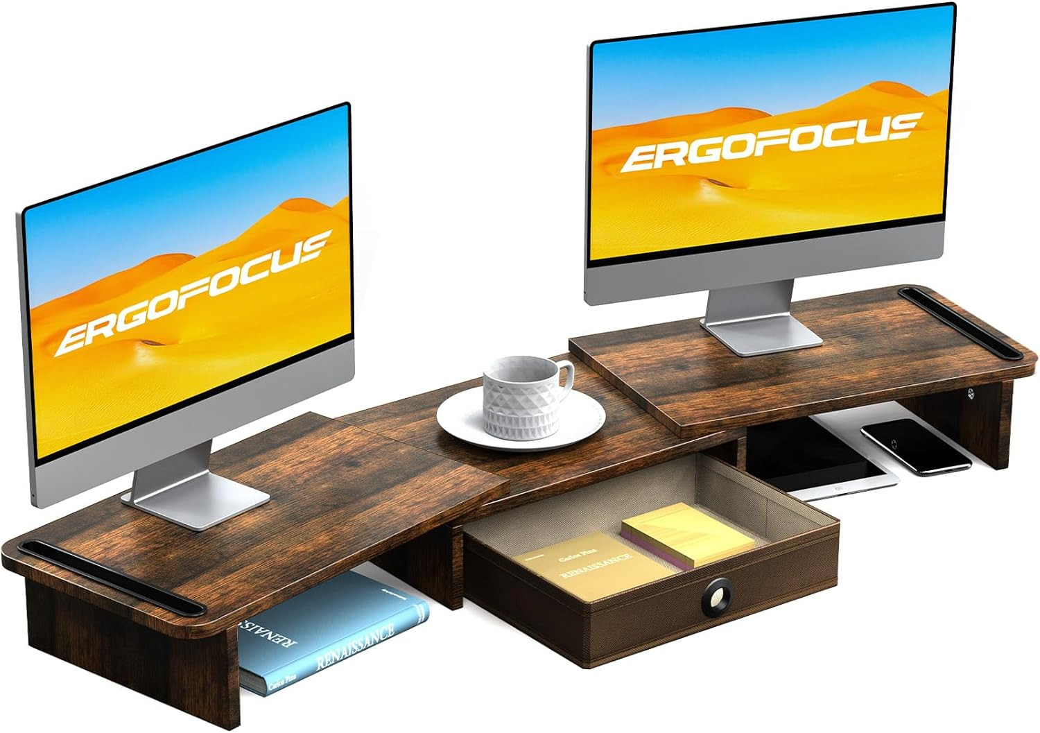 Dual Monitor Stand Riser with Drawer-Adjustable Length and Angle, Monitor Stand