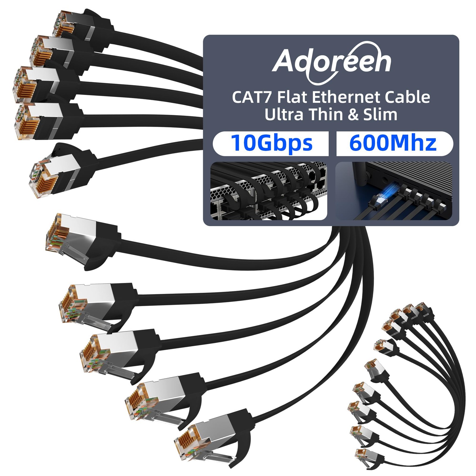 Cat 7 Flat Ethernet Cable 1 FT 10 PCS Shielded Low Profile RJ45 10Gbps
