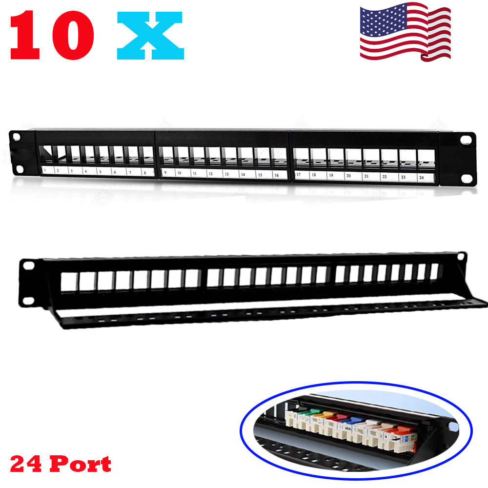 10x 24 Port Keystone Jack Blank Patch Panel Plate Cat5/5e Cat6/a RJ-45 19" 1U