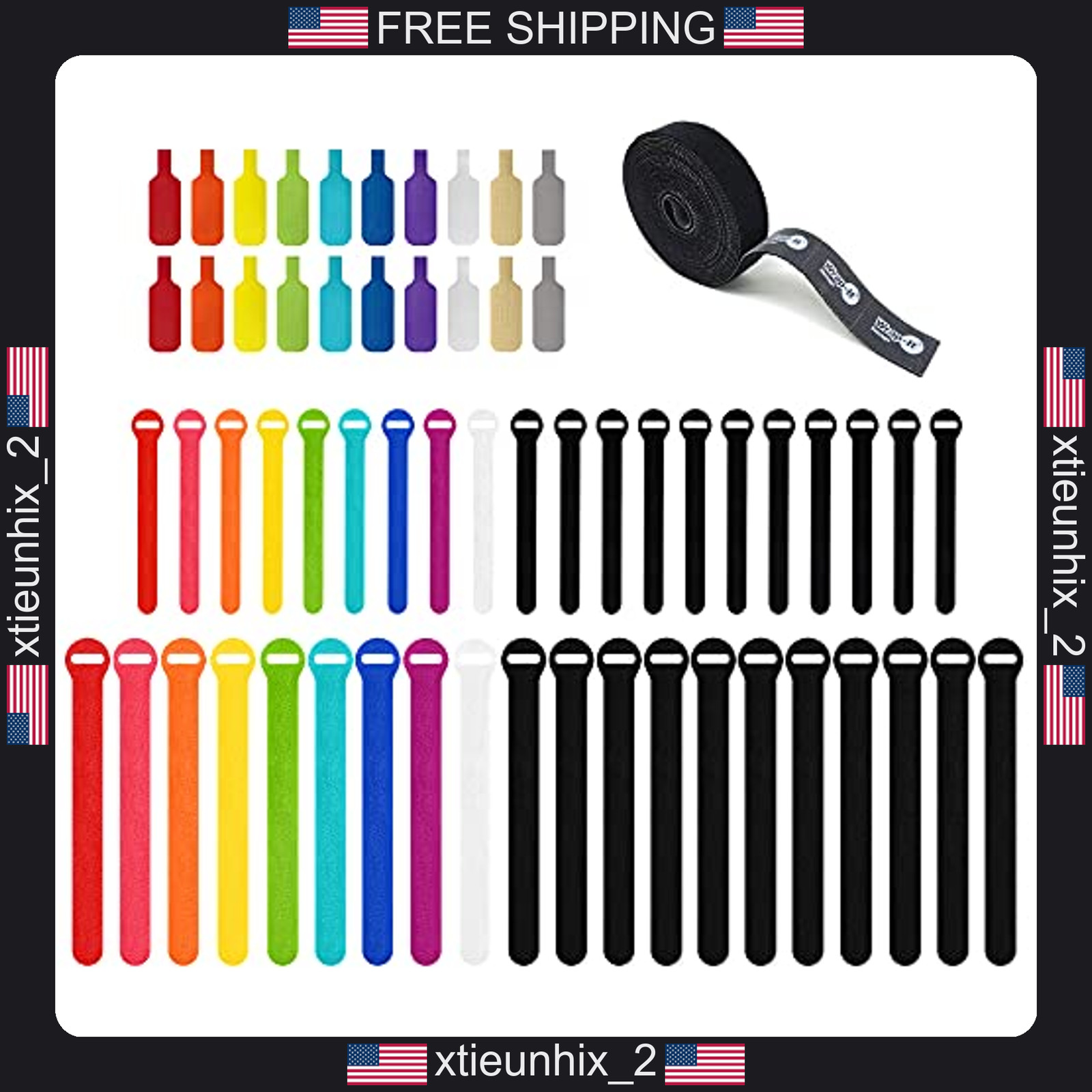 Cable Management Bundle with Reusable Hook and Loop Ties, Labels, 61 Pieces