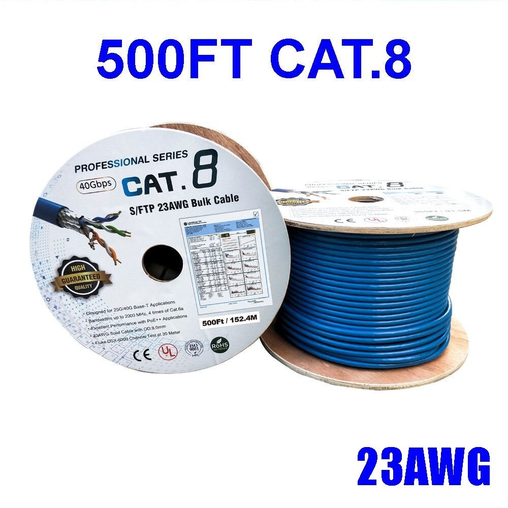 500FT CAT8 40G 2000Mhz Network LAN Ethernet S/FTP Shielded Cable Wire Solid Blue