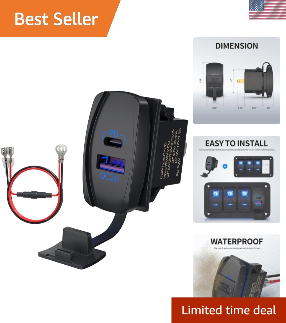 USB Rocker Switch 12V Waterproof USB C & QC 3.0 Dual Ports Outlet PD Charger ...
