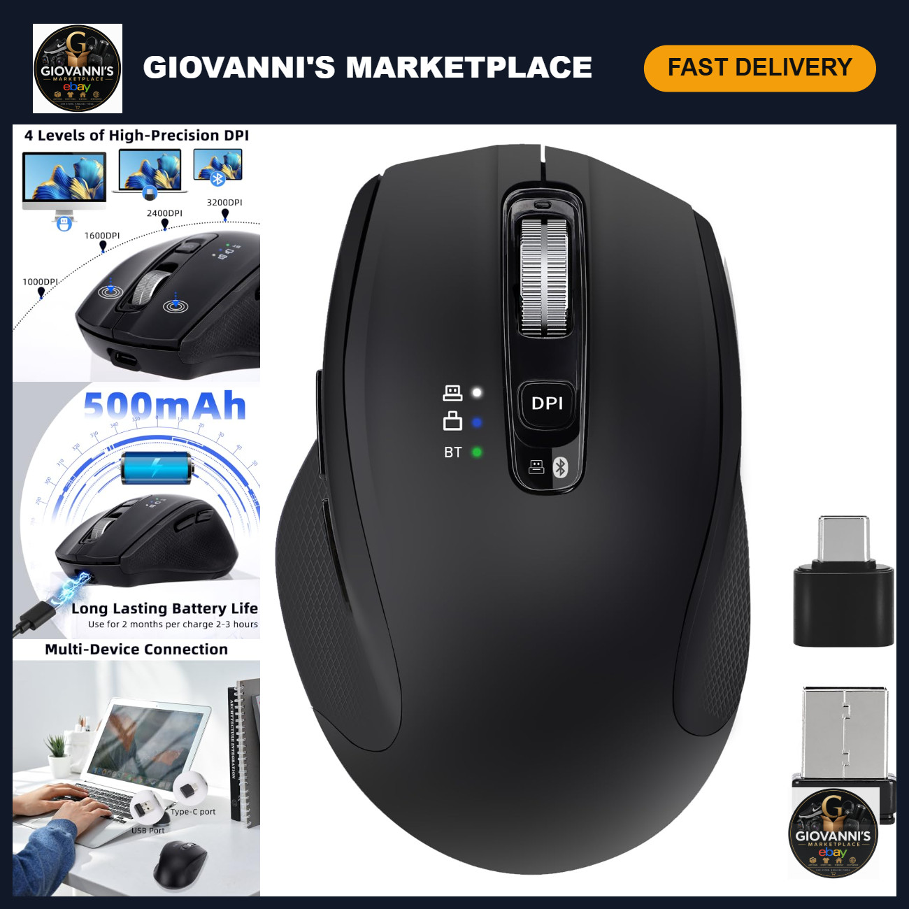 Rechargeable Wireless Bluetooth Mouse, USB-A & USB-C, 3-Device, Silent Click, Er