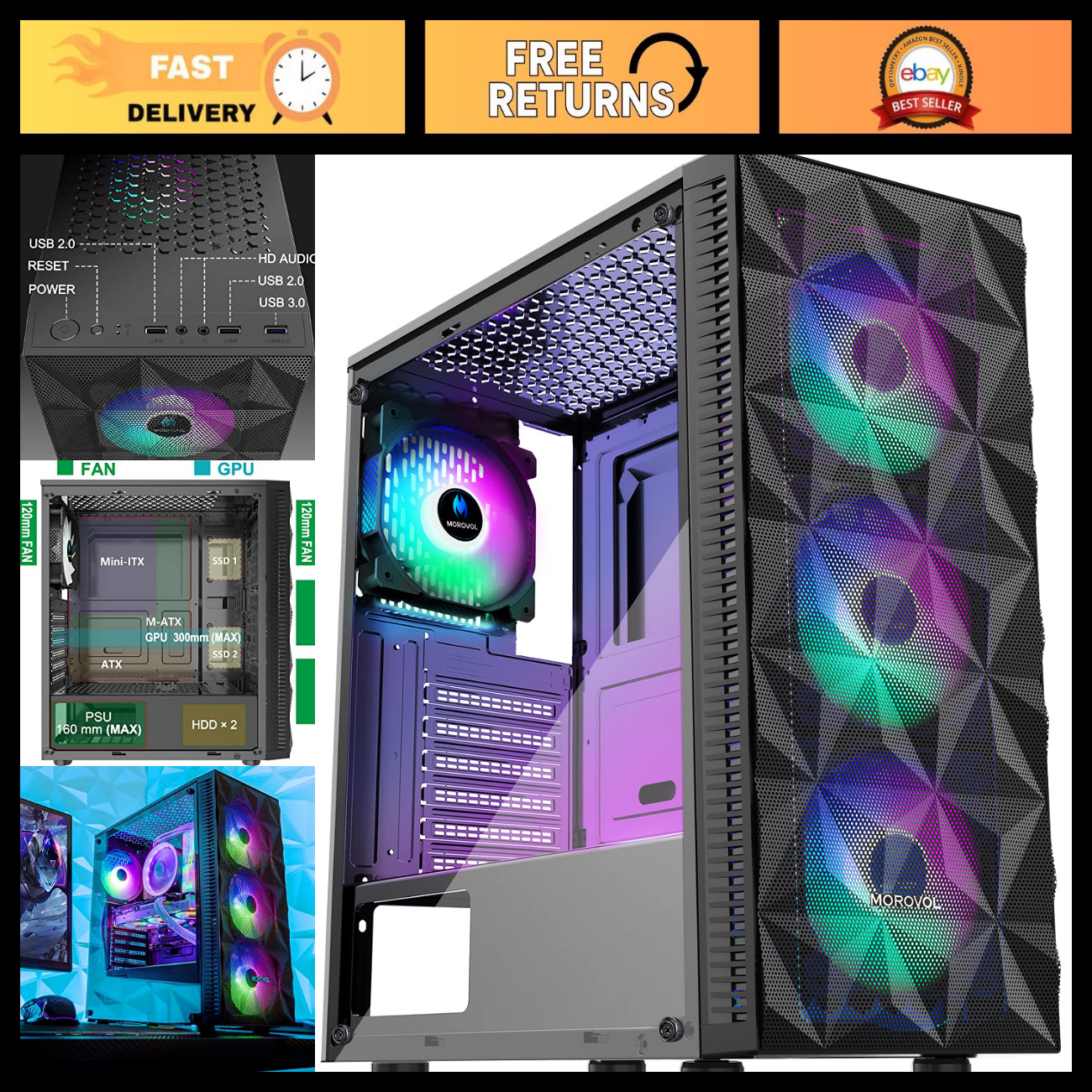 ATX Gaming PC Case with 4 RGB Fans, Diamond Mesh Front, Tempered Glass, USB 3.0