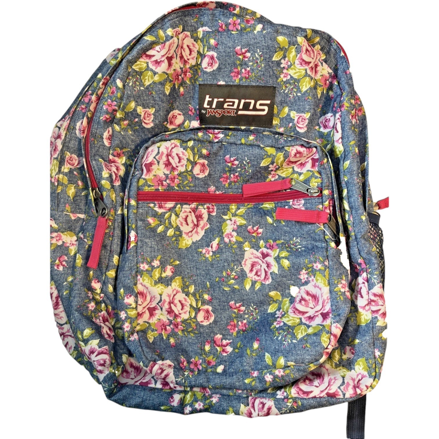 Trans by JanSport Supermax 17" Backpack Blue Denim Floral Pink Roses Bookbag