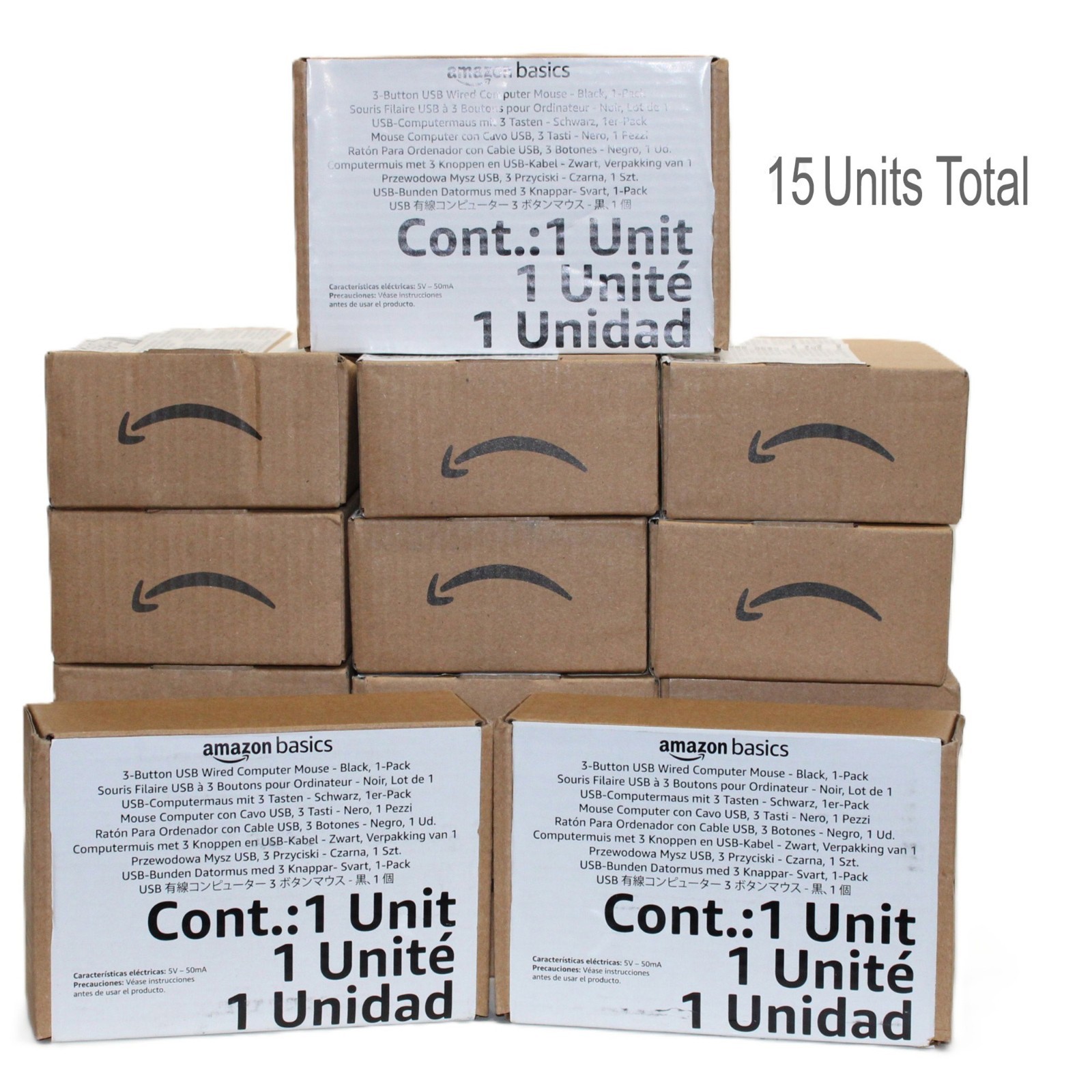 Lot of 15 Amazon Basics 3-Button Wired USB Computer Mouse Single Black