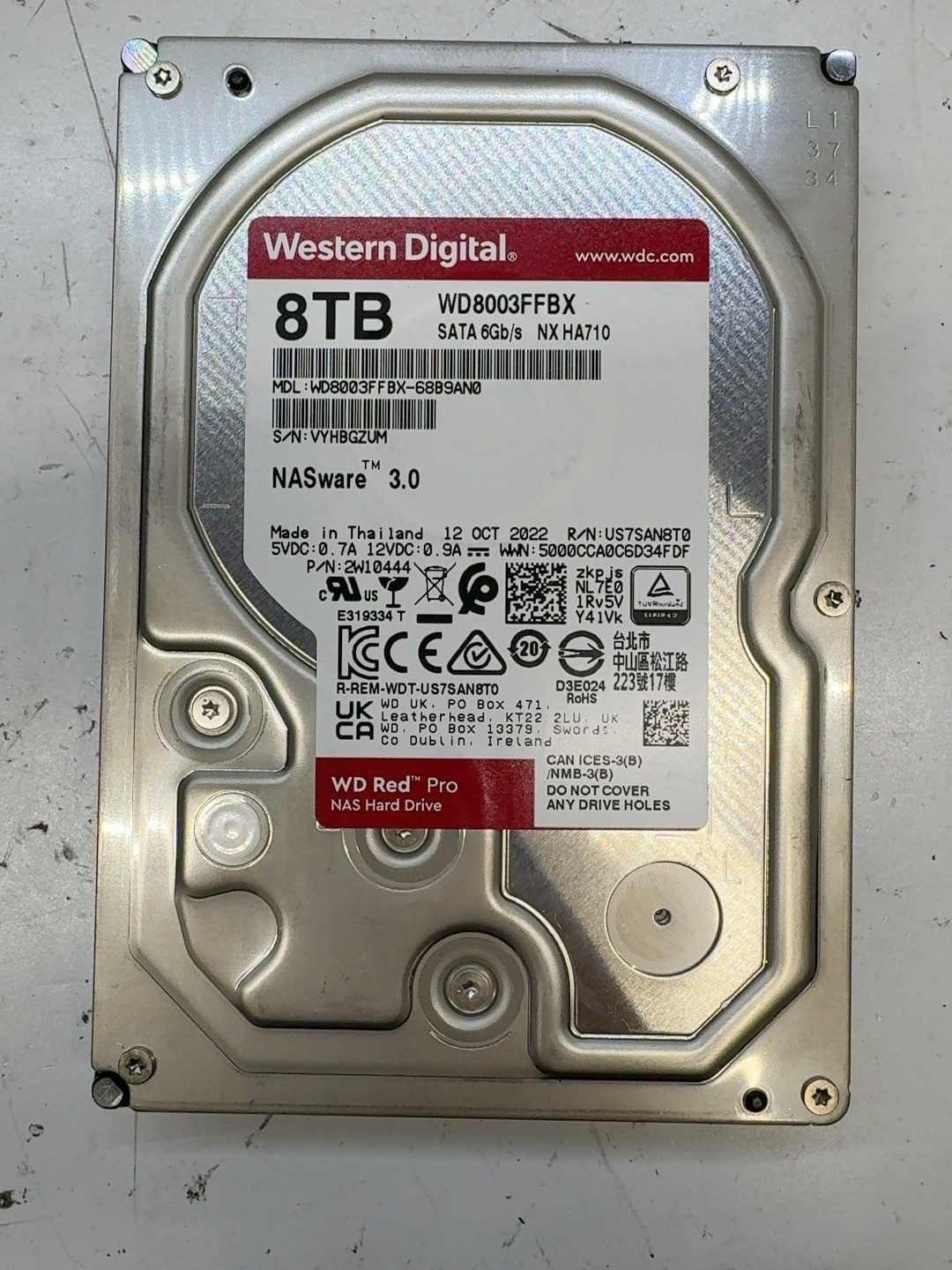 WD Red Pro 8TB WD8003FFBX 3.5" SATA NAS HDD 7200RPM 21 Power-On Hours t8e11