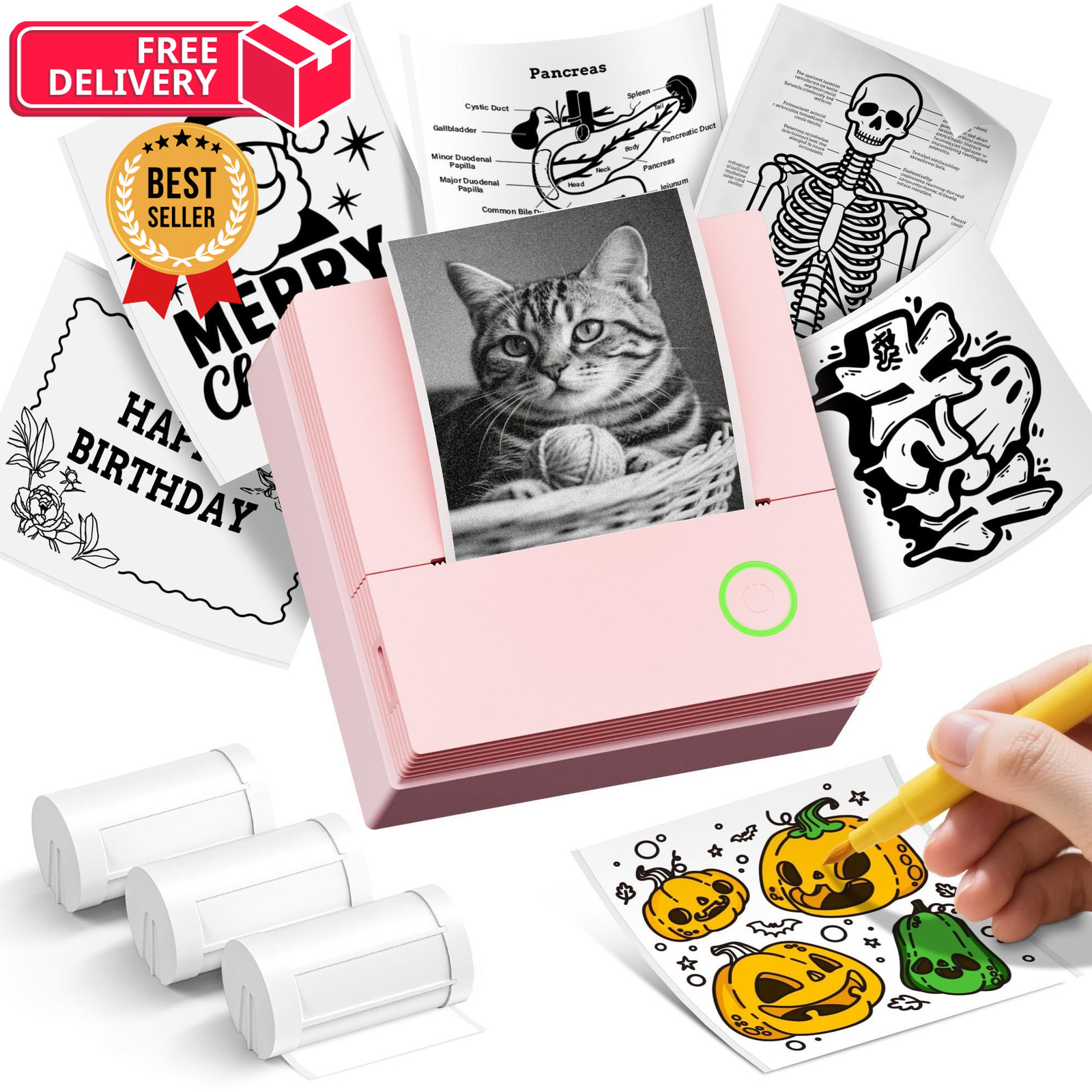 ETIKEZ Sticker Printer, PM290C Mini Printer with 3 Rolls 83.4x83.7x39mm, Pink