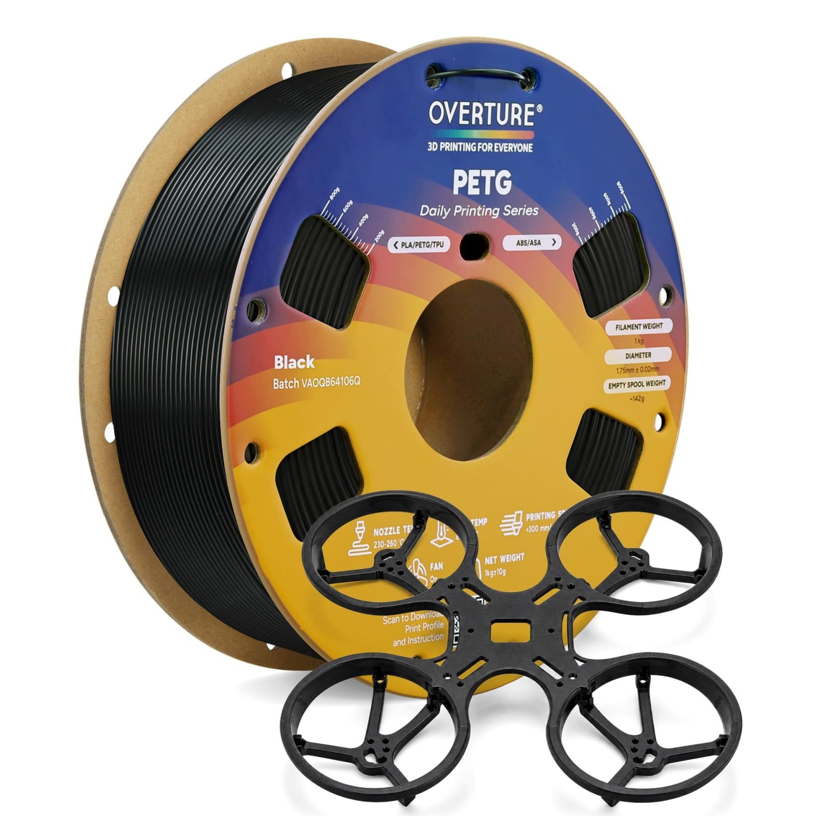 OVERTURE High Speed PETG 3D Printer Filament 1.75mm 1kg Black 300mm/s