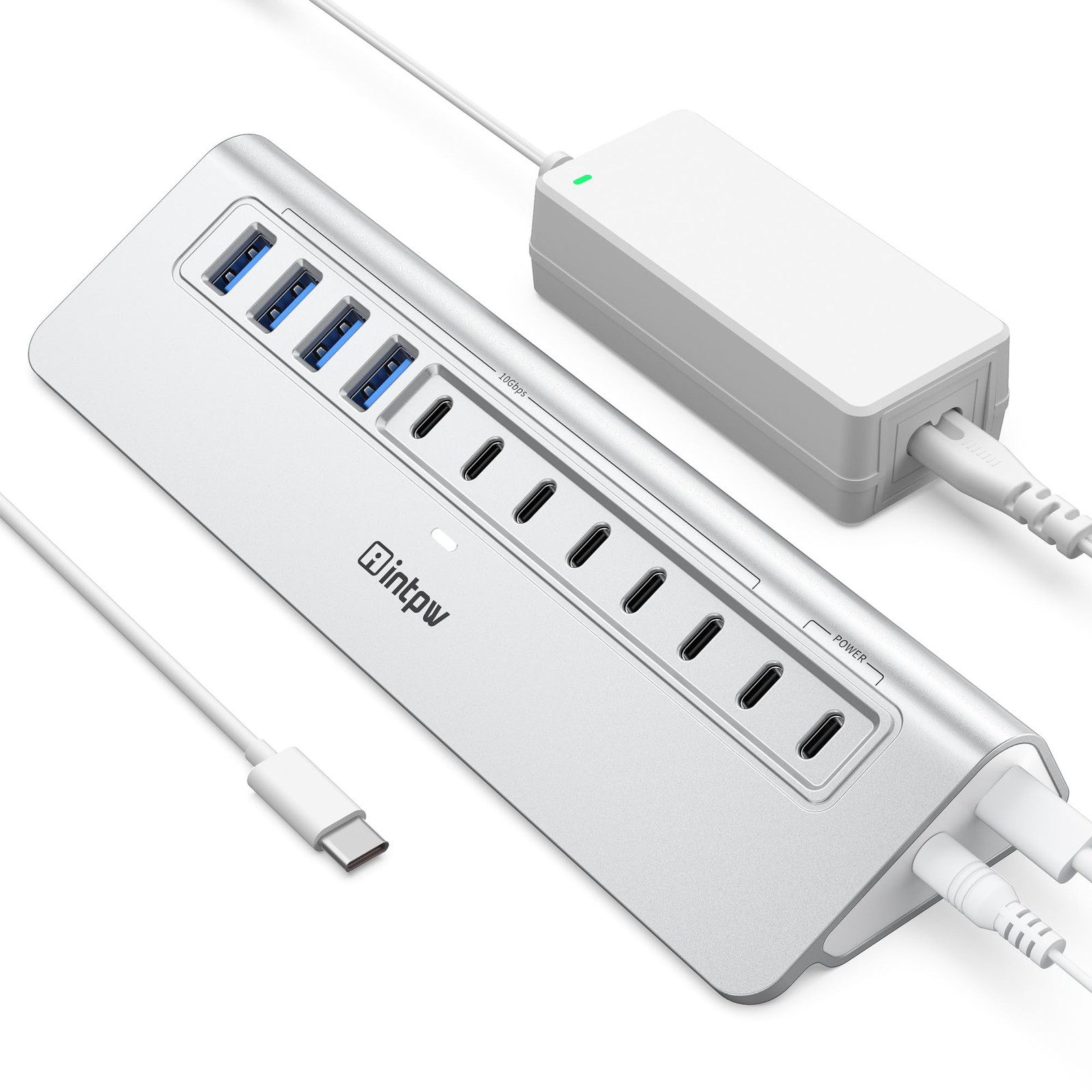 intpw 12-Port Powered USB Hub 10Gbps(6 USB-A+4 USB-C 3.2+2 PD 12 Port, Silver