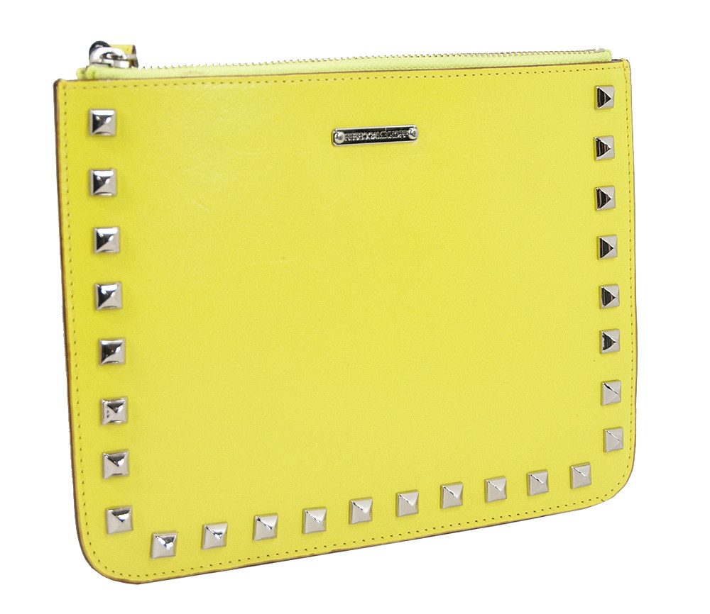 Rebecca Minkoff Slate Yellow Cory Smooth Leather Studded iPad Zip Pouch NWT