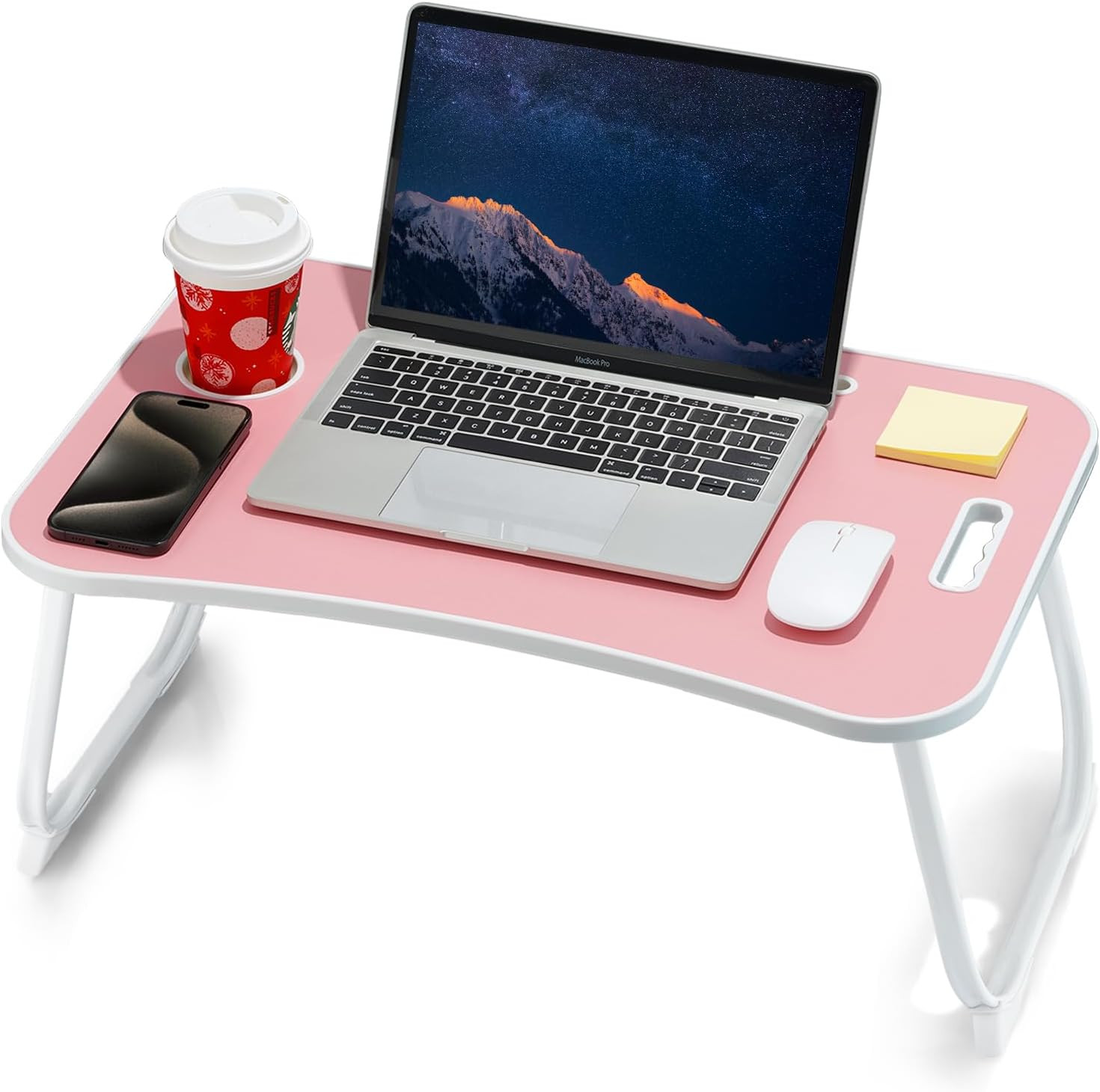 Foldable Laptop Bed Desk Portable Lap Table with Cup Holder Tablet Slot Pink
