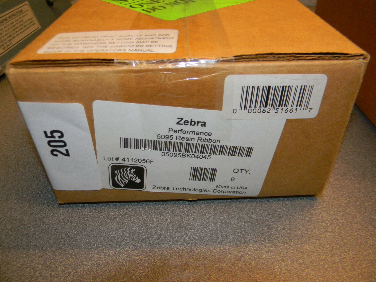 Zebra 5095BK04045 1.57" X 1476' Zebra Performance Resin Ribbon, 6 Roll Case
