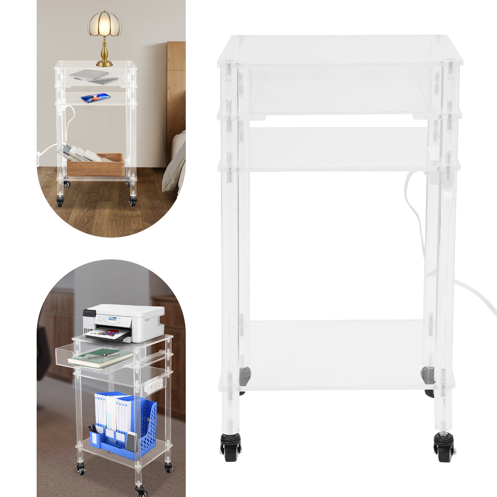 3-tier Acrylic Printer Stand, 44.09lbs Load Printer Stand with a Drawer&Wheels
