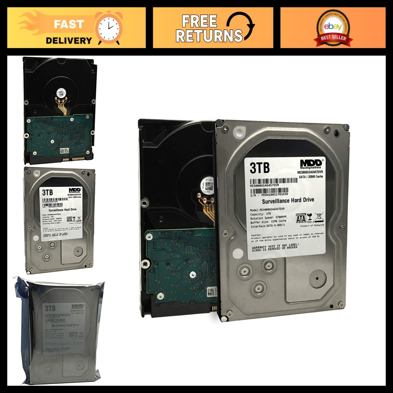 3TB Internal Surveillance Hard Drive, 32MB Cache, 5700RPM, SATA 6.0Gb/s, DVR Sto