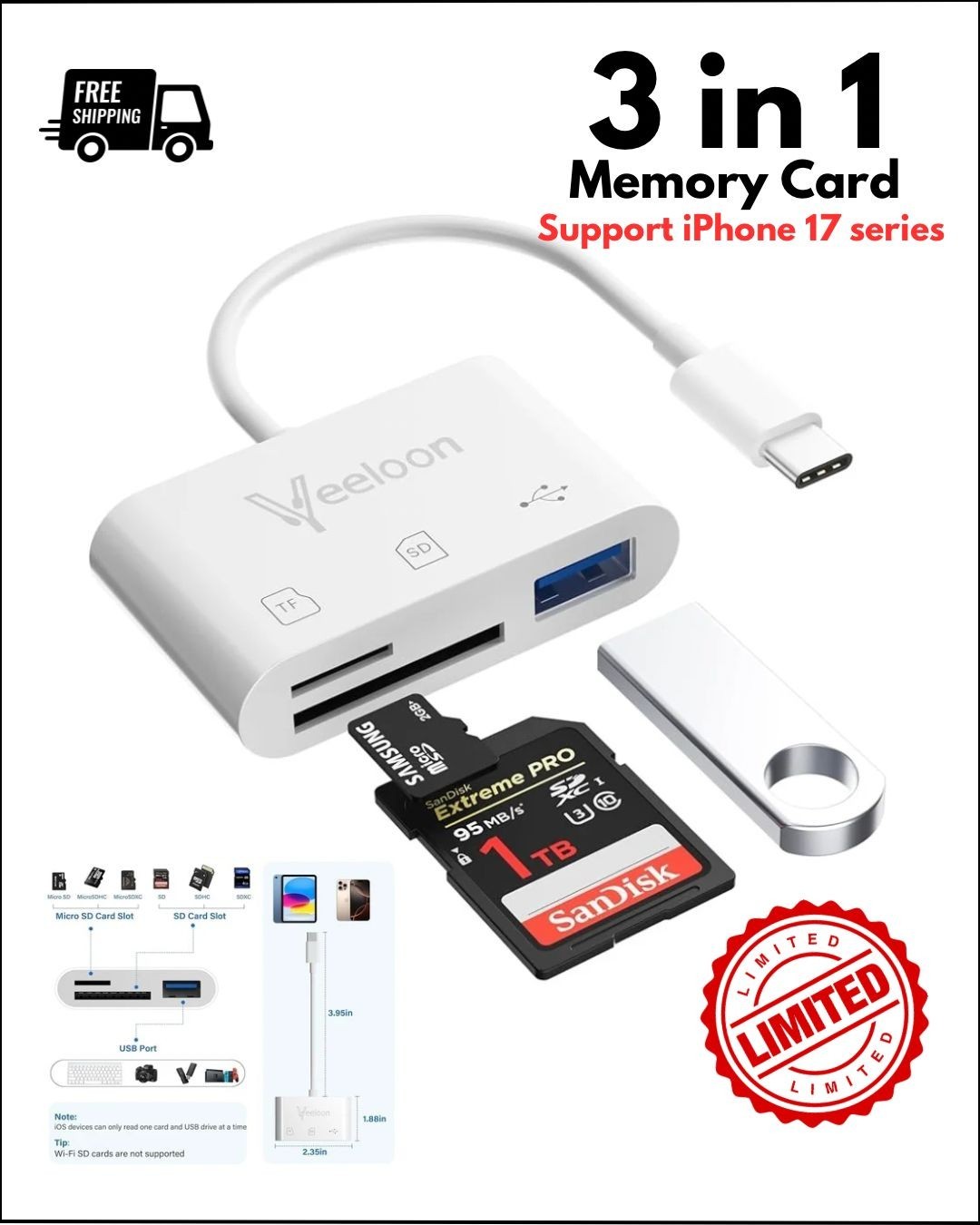 Veeloon 3-in-1 USB-C SD/TF Card Reader–OTG Adapter, 5Gbps High-Speed,Plug & Play