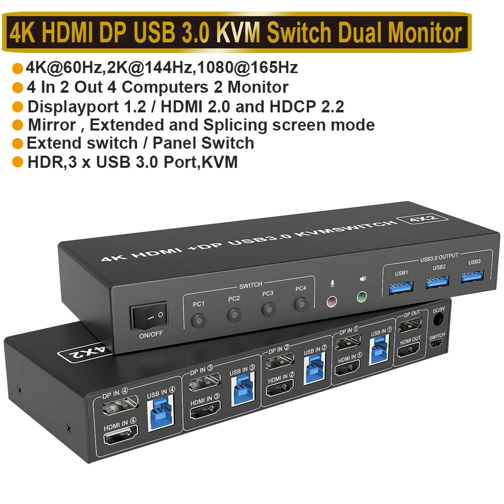 4 Port HDMI KVM USB 3.0 Switch 4X2 Dual Monitor 4K@60Hz Extended Display DP KVM 