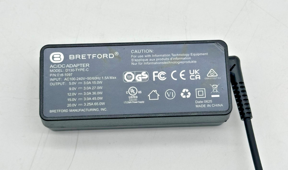 Bretford AC/DC ADAPTER Model: D130-TYPE-C AC 100-240V-50/60Hz 1.5A Max