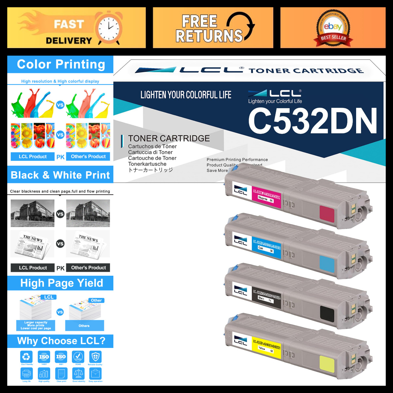High-Quality Compatible Toner Cartridge Set for OKI C532 C542 MC563 MC573 (4-Pac