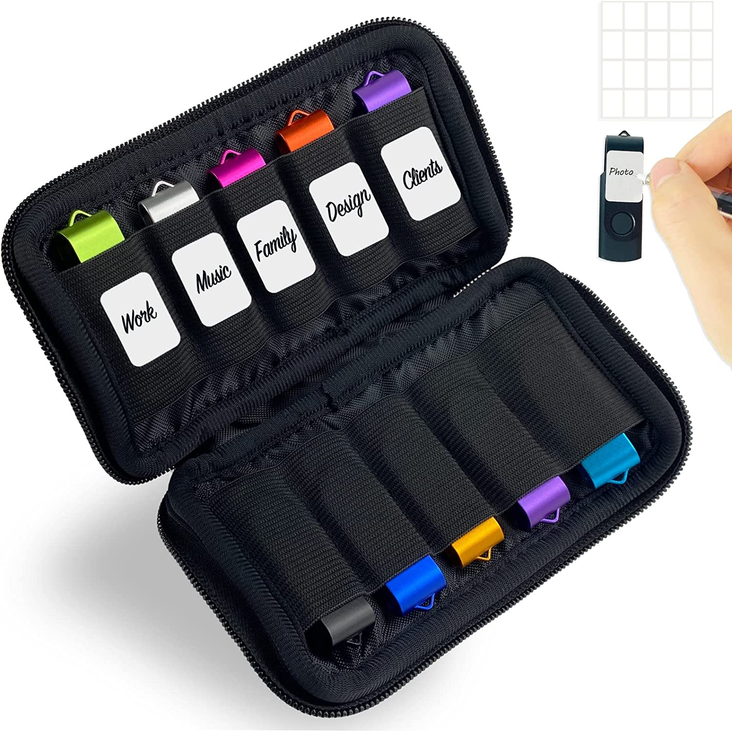 JBOS USB Flash Drive Case, 10-Slot Thumb Drive Organizer, 20 Labels, Black
