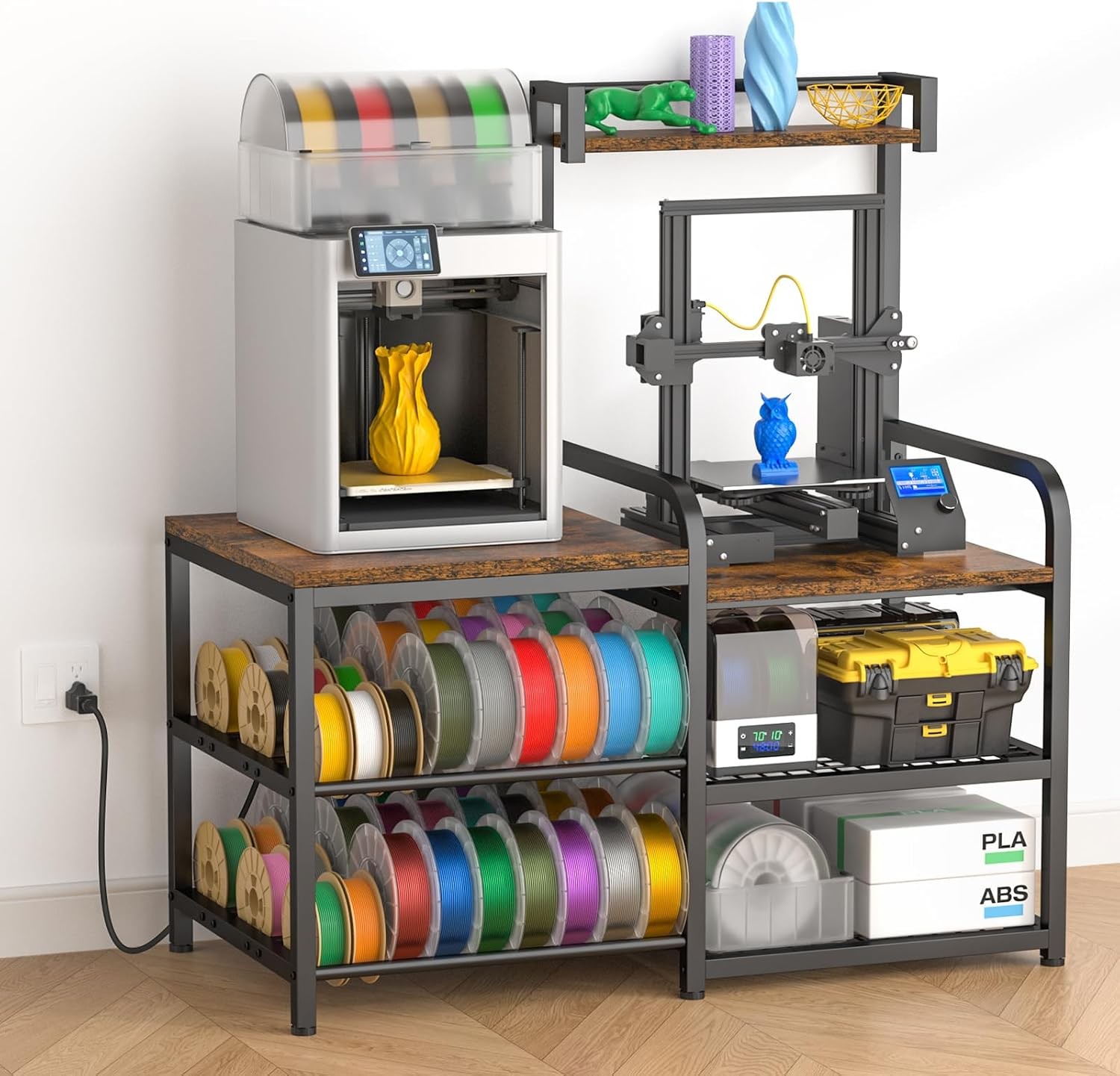 Dual‑Zoned 3D Printer Table W/ Filament Storage Rack for 2 Printers.