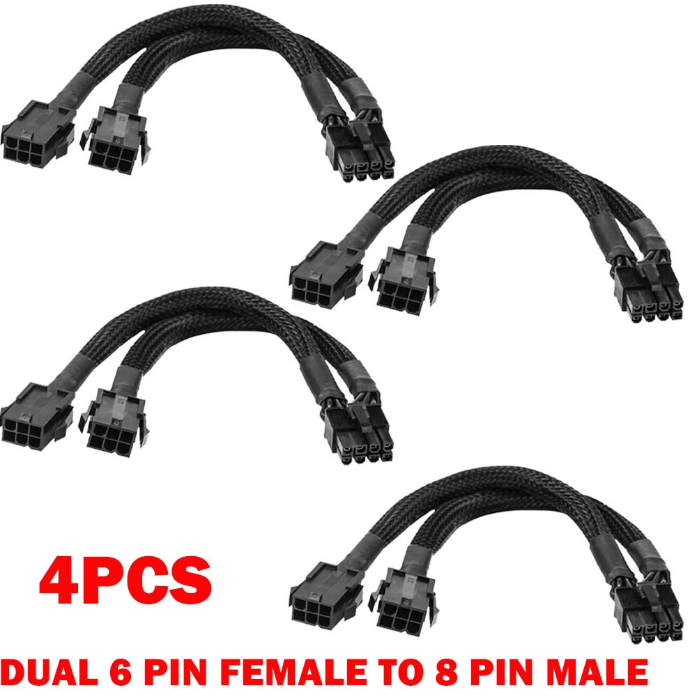 4X Dual 6 Pin Female to 8 Pin Male GPU Adapter Cable Braided Sleeved 20cm HOT