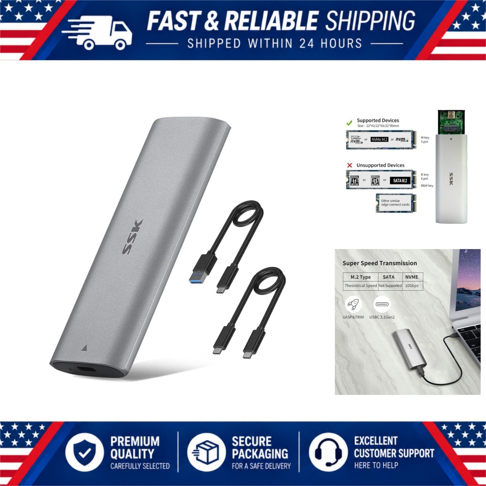 SSK M.2 NVMe SSD Enclosure USB C 3.2 Gen 2 10Gbps Tool-Free Aluminum Case